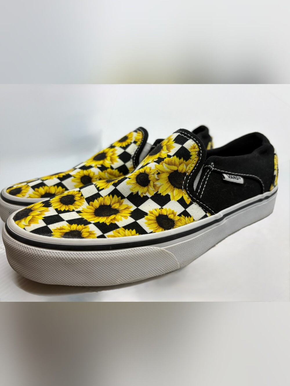 Vans Black and Yellow Sunflower Checkerboard Slip-On Sneakers - Picture 4 of 5